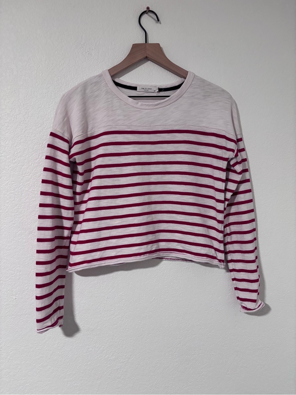 Rag + Bone Striped Long-Sleeve Short Boxy  Top - Red/White Size S